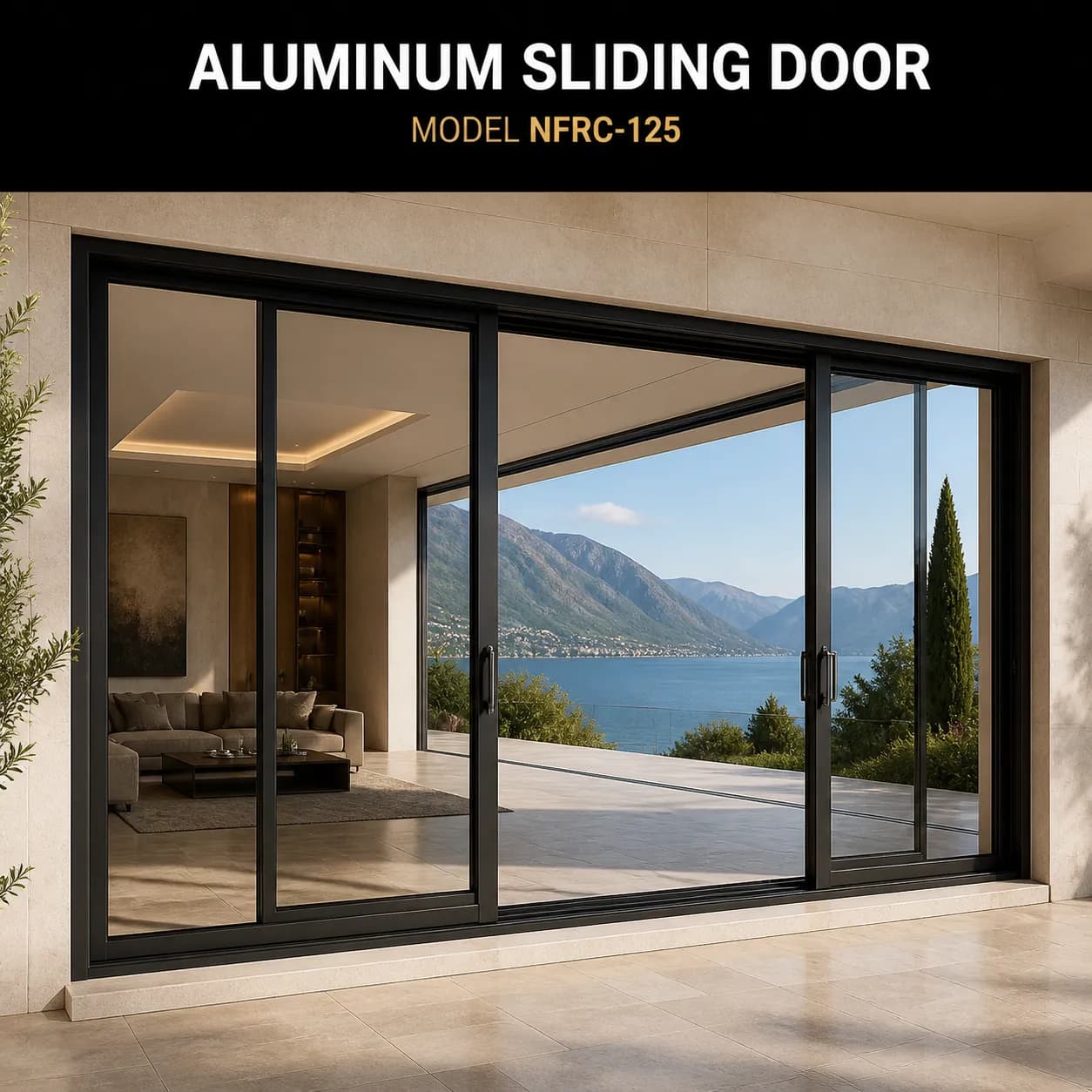 Large black aluminum sliding glass door