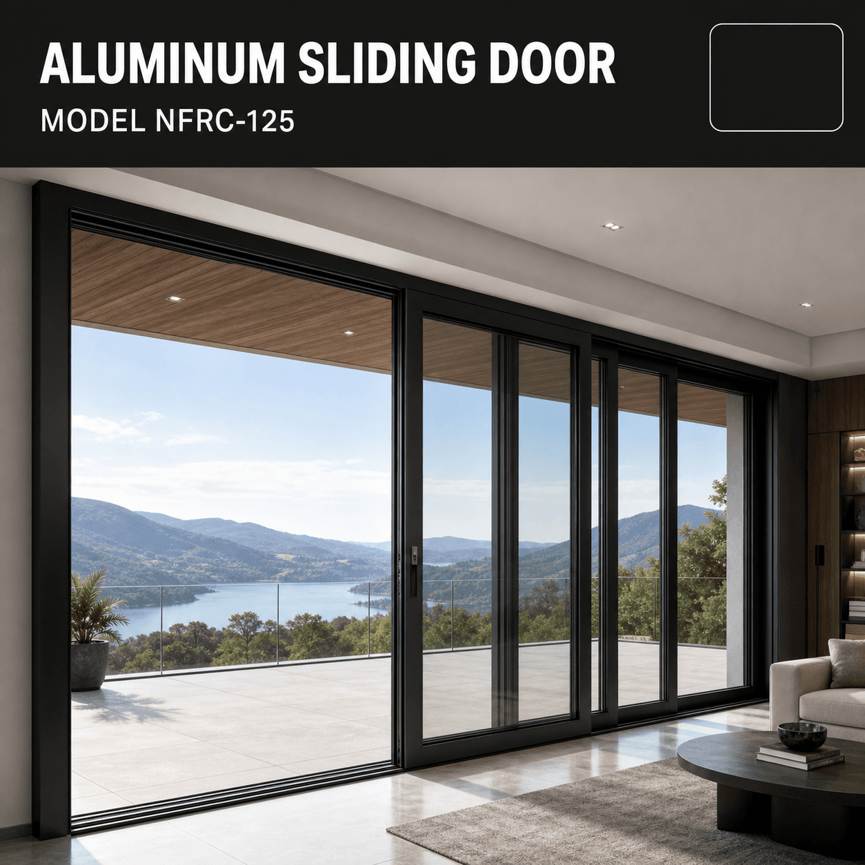 Large black aluminum sliding glass door